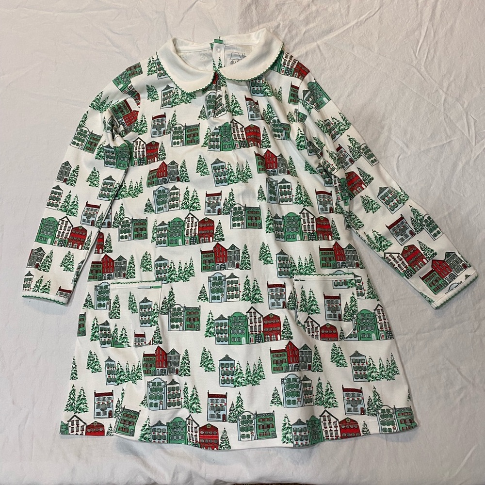 Heyward House Christmas dress. Christmas trees and village . Long sleeve. 7 yrs